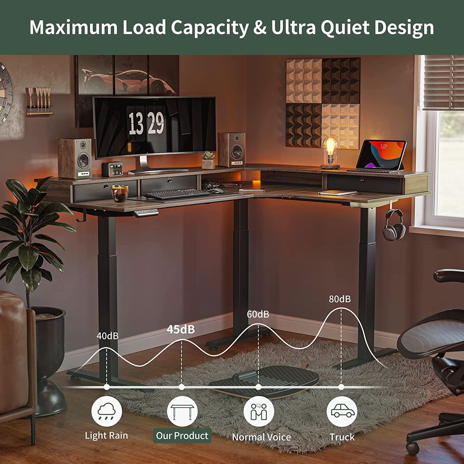 63 Inch L Shaped Electric Standing Desk With Drawers