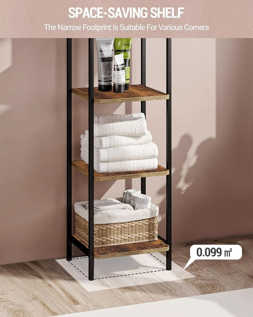 5-Tier Industrial Corner Shelf Narrow Rustic Black Bookcase