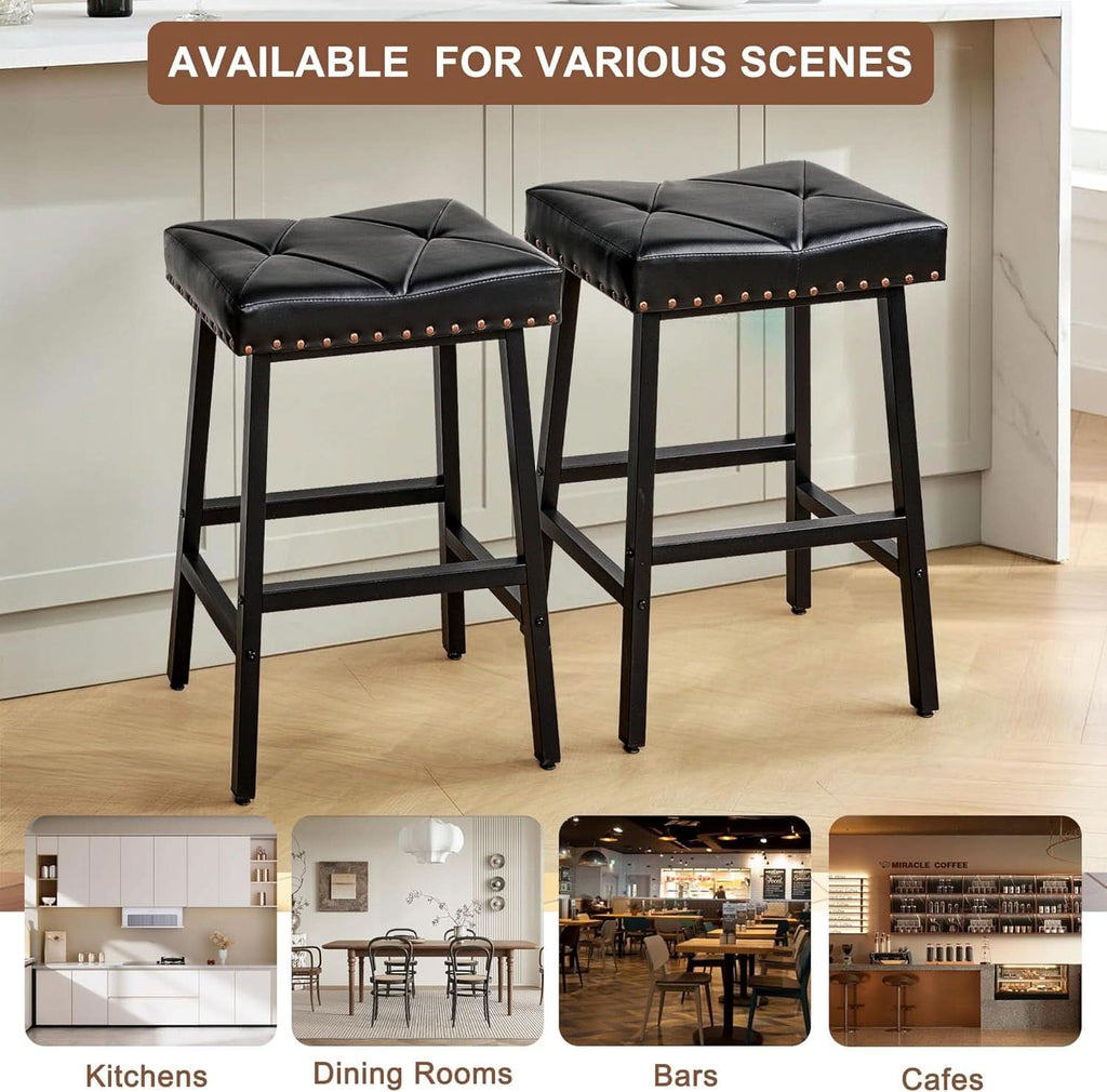 25 Inch Counter Height Bar Stools Set Of 2 In Black With PU Upholstered Saddle Seats For Comfort