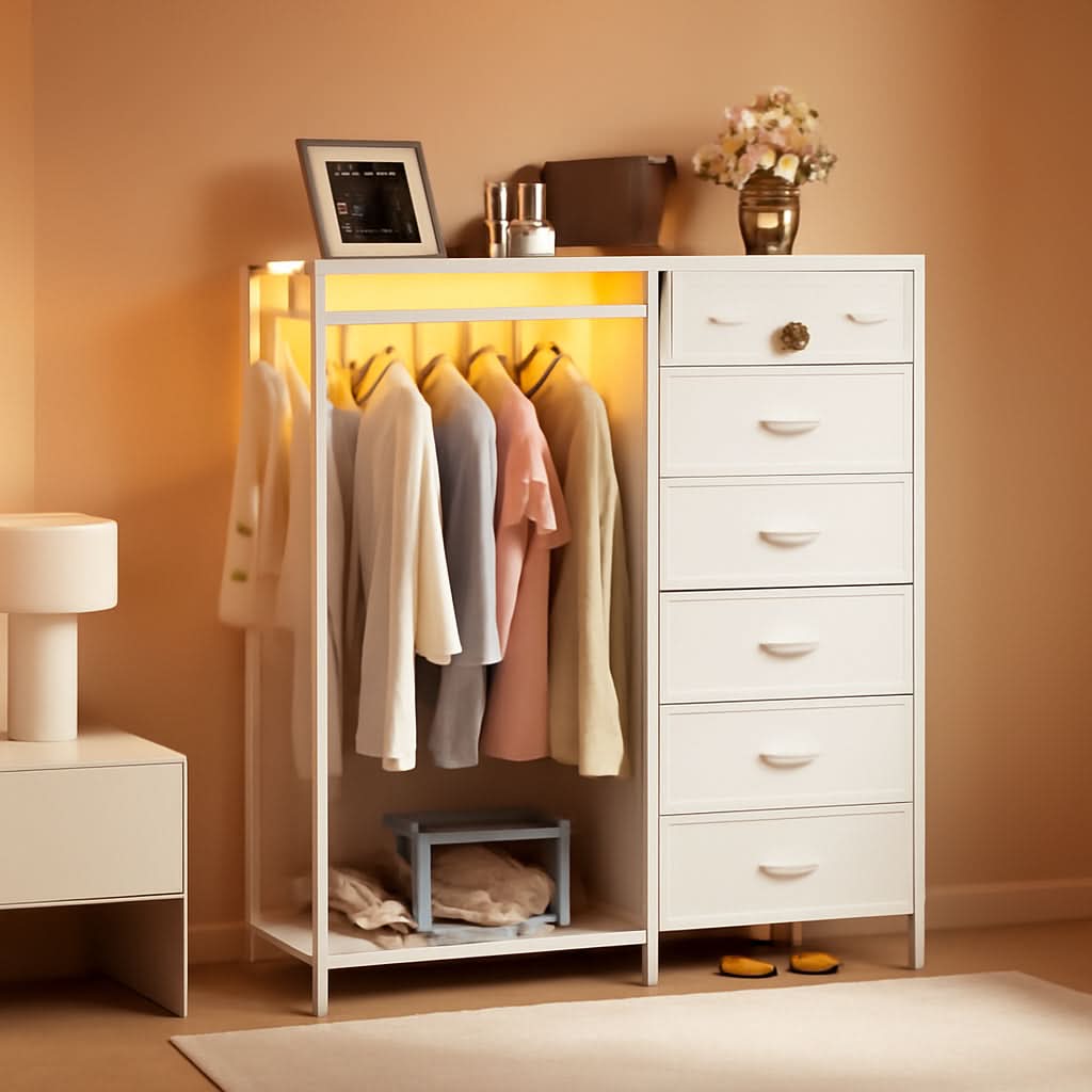 43Inch White Dresser With Hanging Rack AmbientLEDLighting