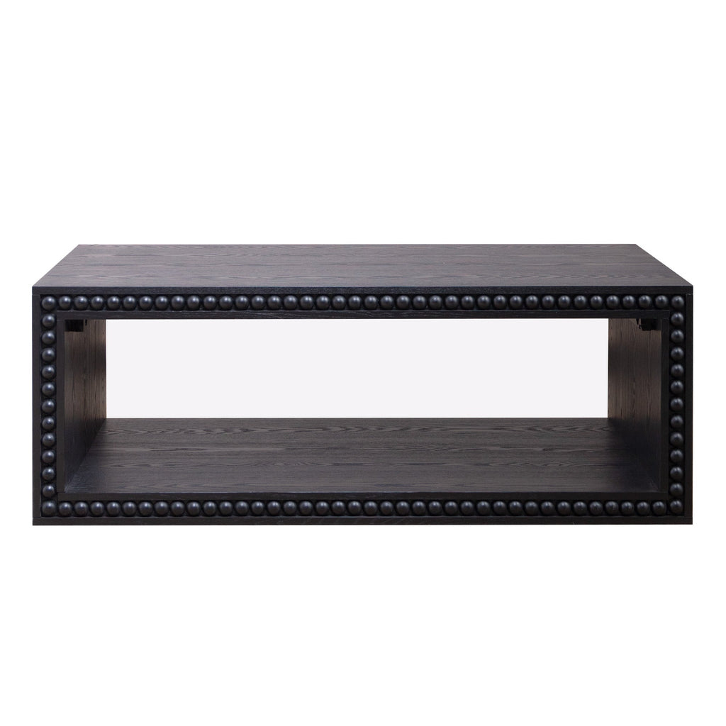 Black Beaded Edge Coffee Table – 47.6' Rectangular Center Table with Open Storage Shelf
