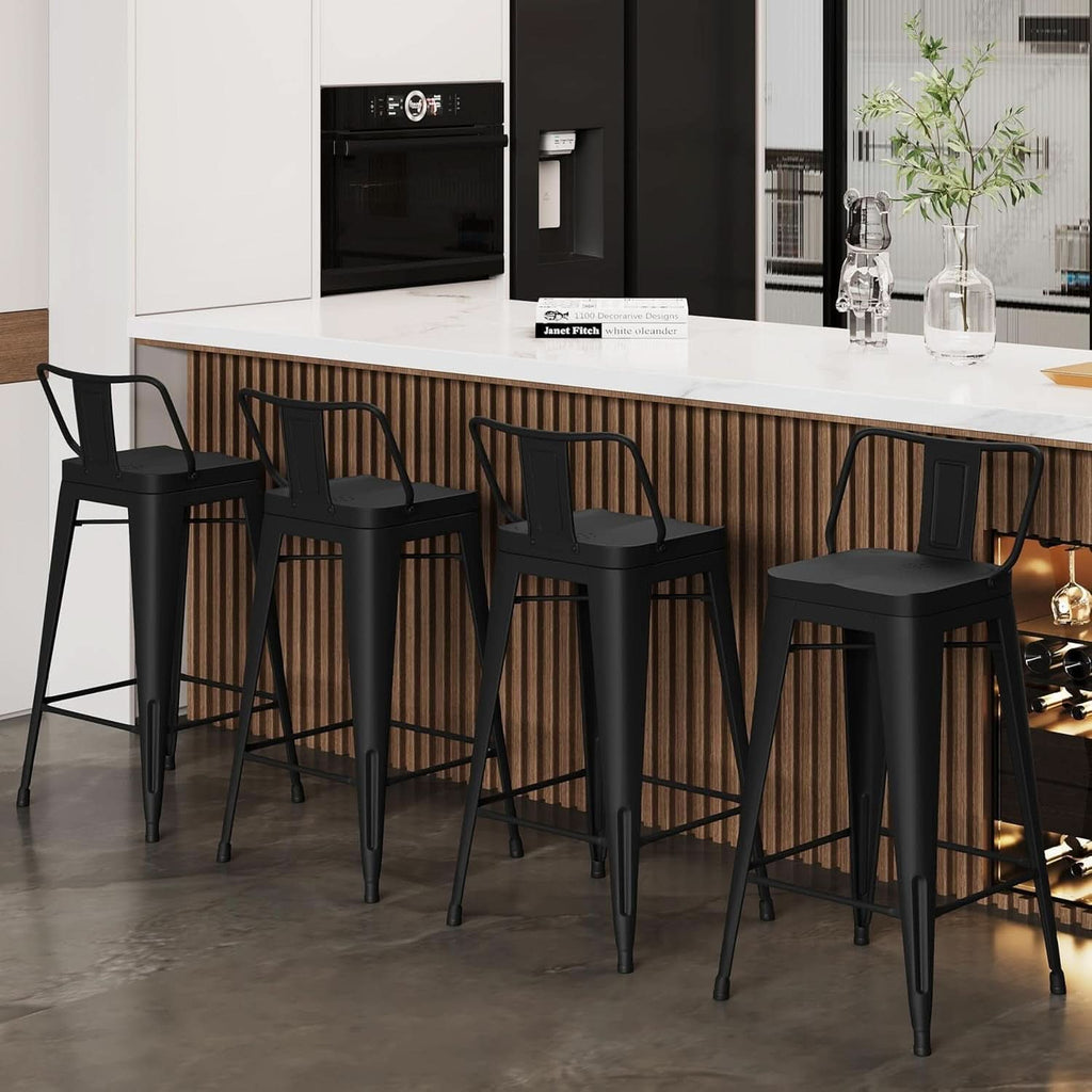 26 Inch Black Industrial Metal Bar Stools Set Of 4 For Indoor Outdoor Weather Resistant Ergonomic Comfort
