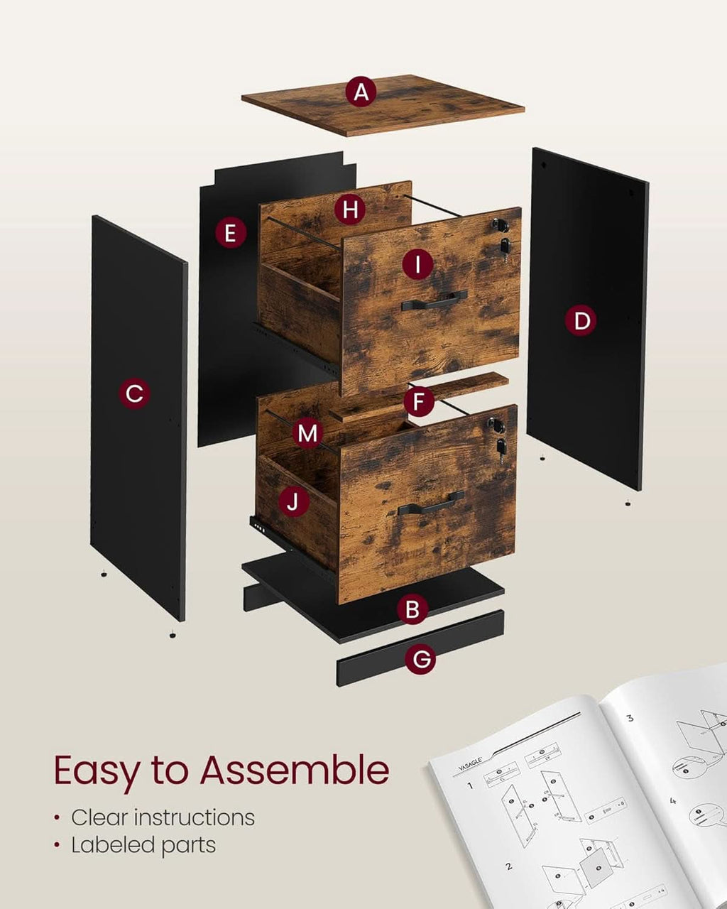 Two Drawer File Cabinet With Lock Printer Stand For A4 And Letter Size Files Rustic Brown And Black