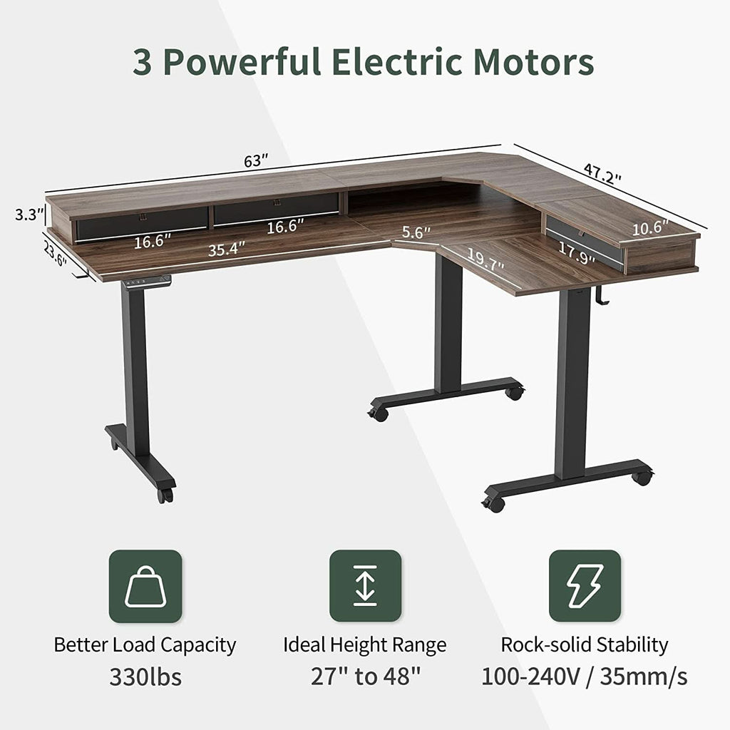 63 Inch L Shaped Electric Standing Desk With Drawers