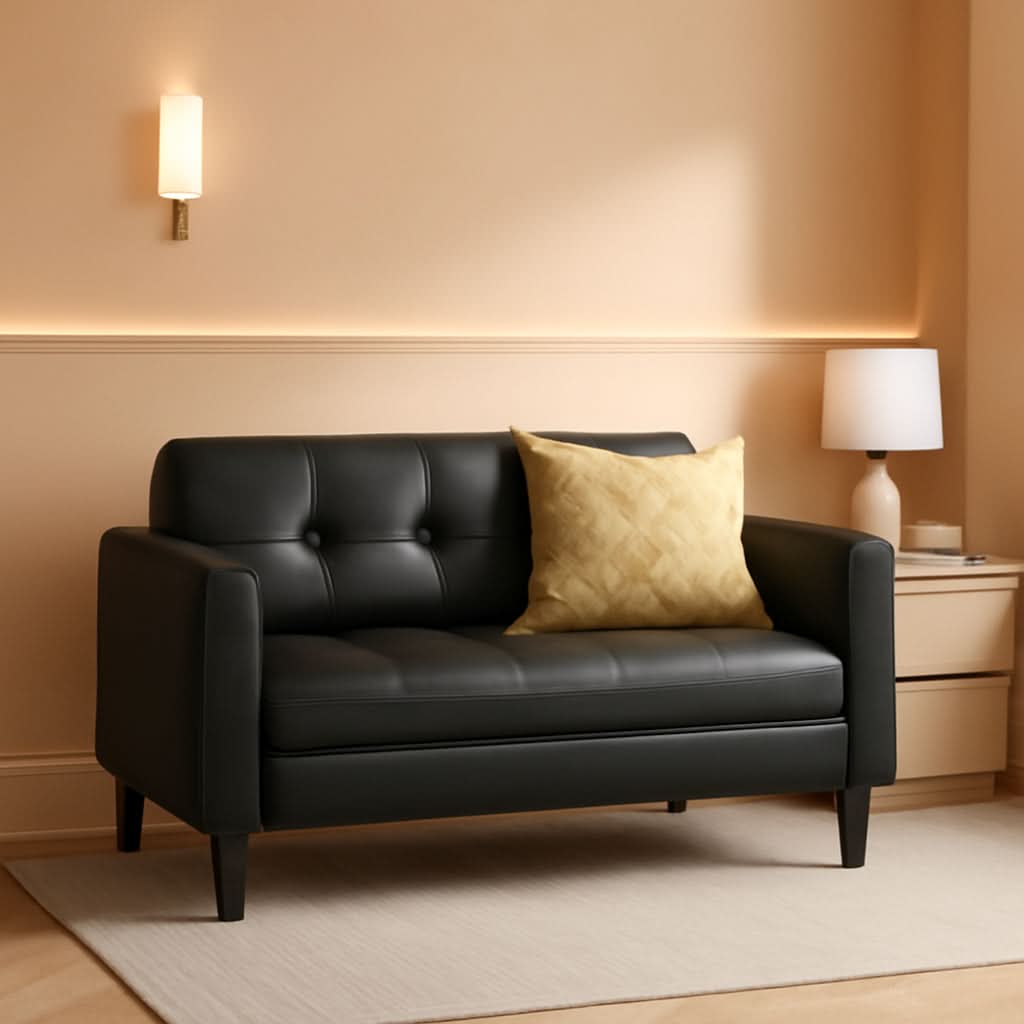 Two Seater Tufted Black Faux Leather Loveseat for Living Room
