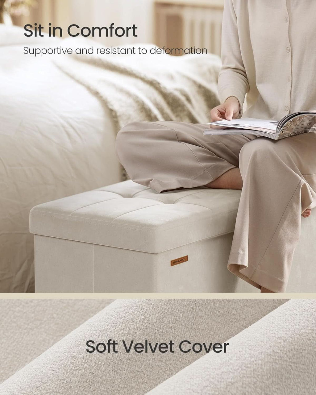 Cappuccino Beige Velvet Storage Ottoman Bench Folding
