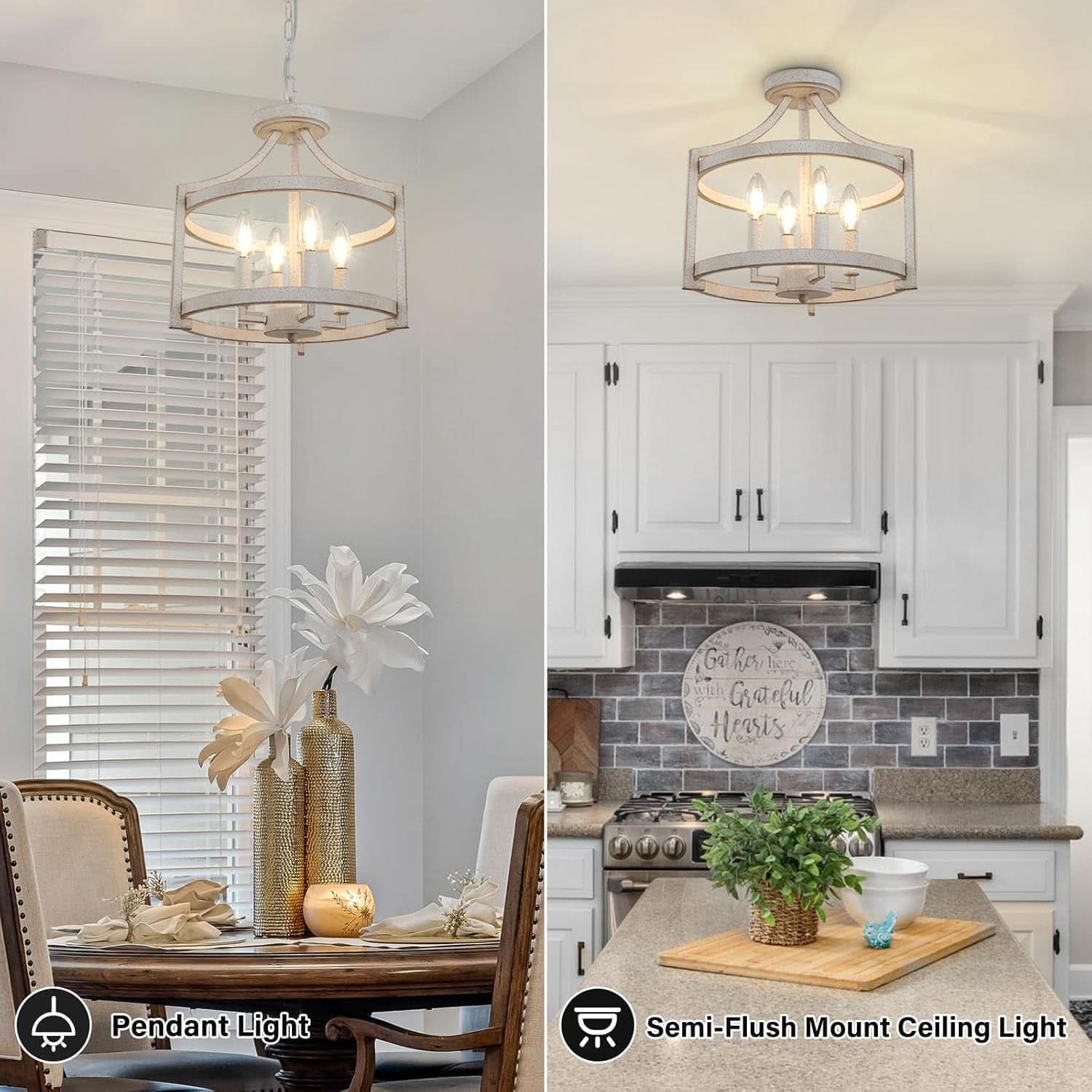 Distressed White 4 Light Farmhouse Chandelier Convertible Mount