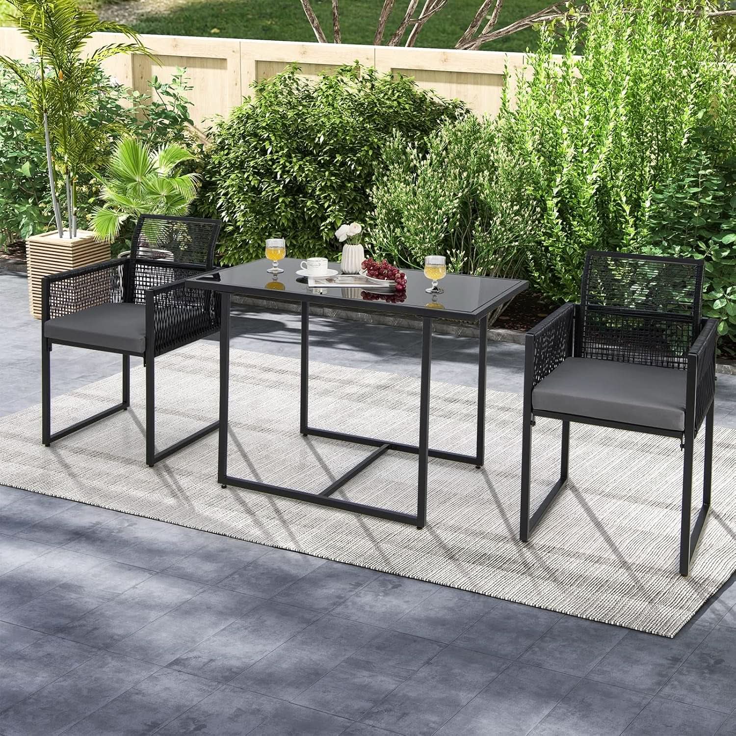 3 Piece Outdoor Dining Set With Folding Backrests And Tempered Glass Tabletop For Patio And Poolside