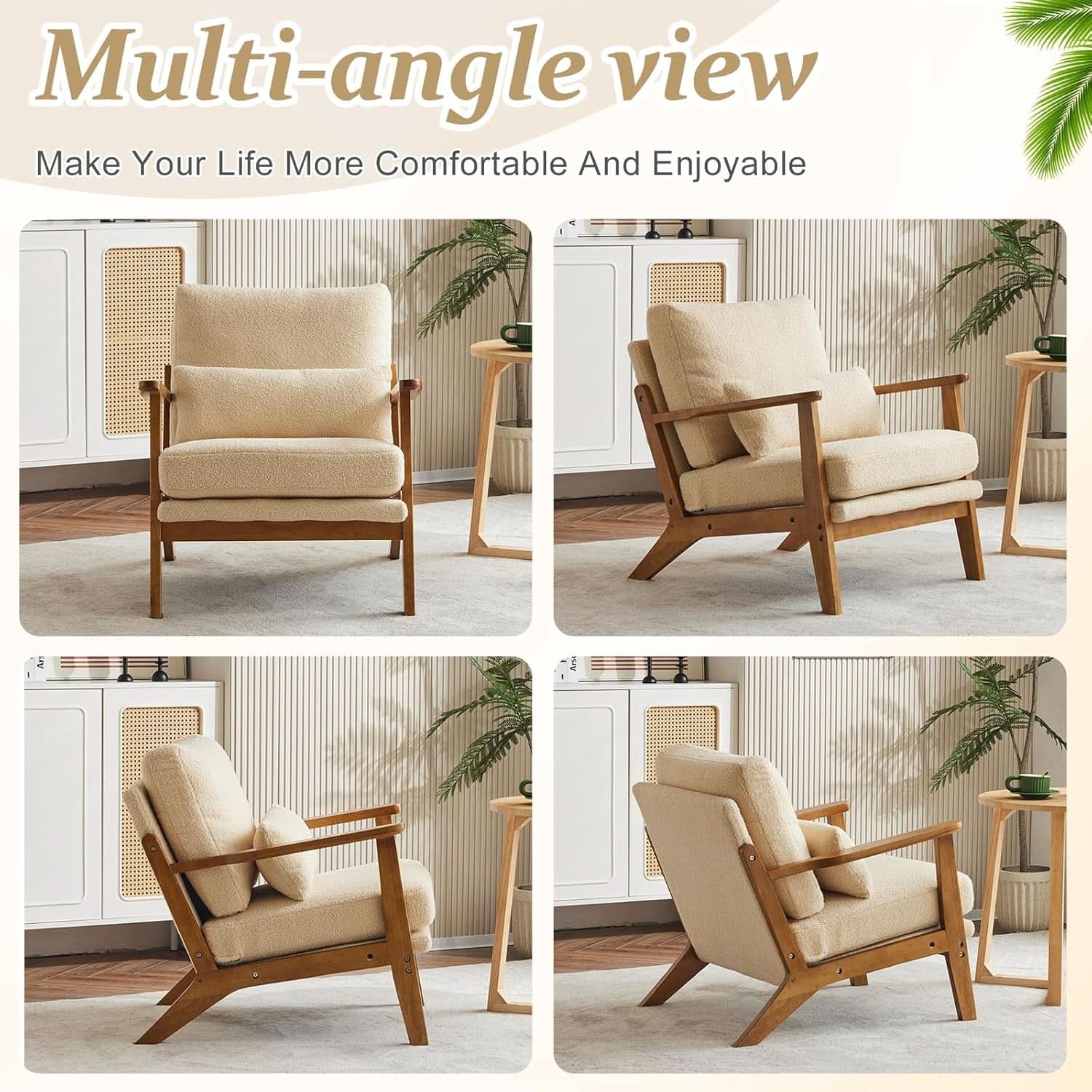 Solid Wood Armchair Khaki Teddy Velvet Upholstery With Pillow