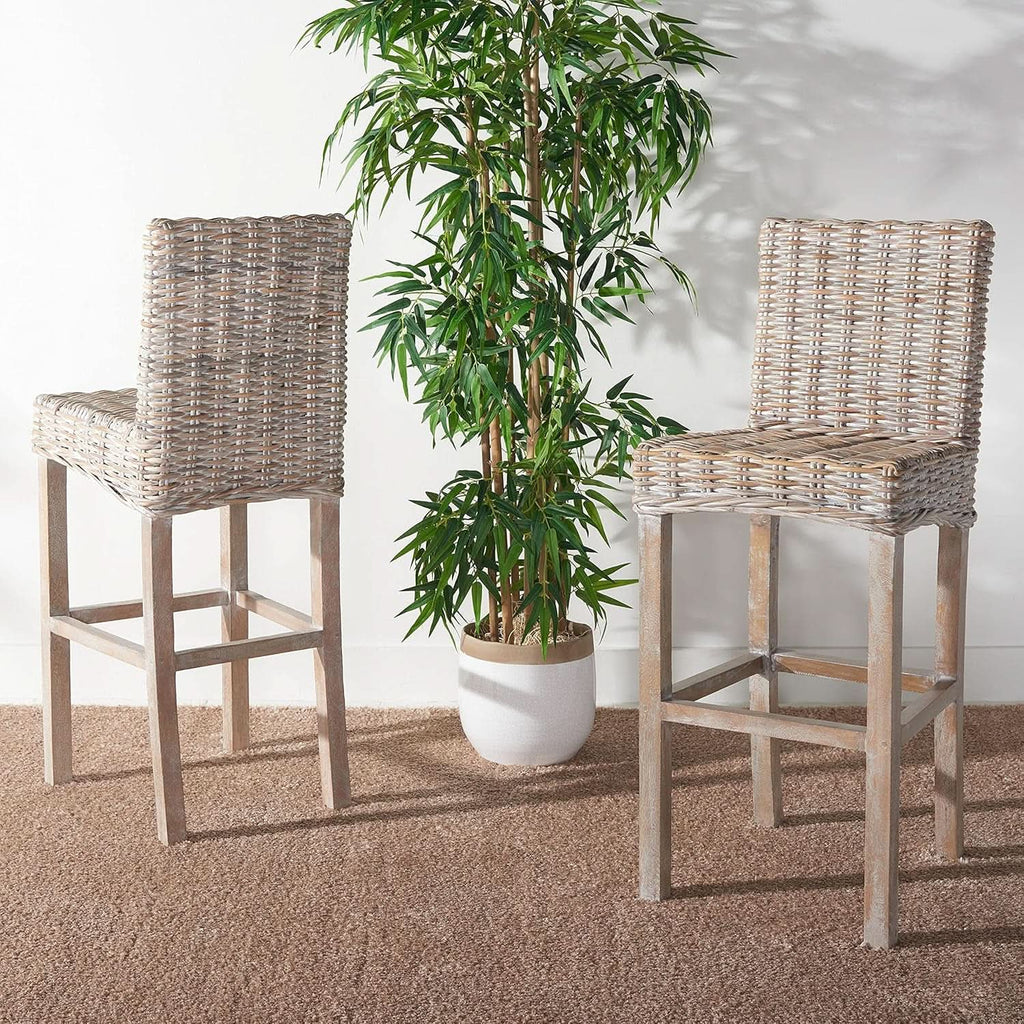 Grey Wash Rattan 30 Inch Bar Stool With Parsons Legs