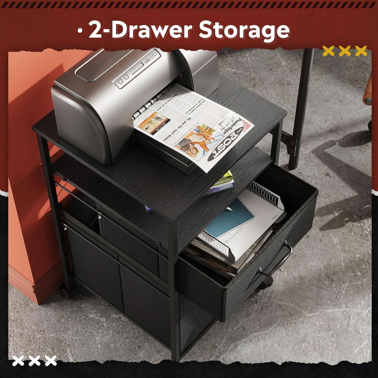 Mobile File Cabinet With Rolling Printer Stand Black Finish