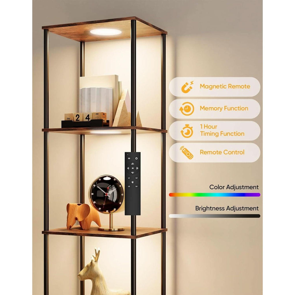 Display Shelf With RGBW Light Floor Lamp 5 Tier Brown