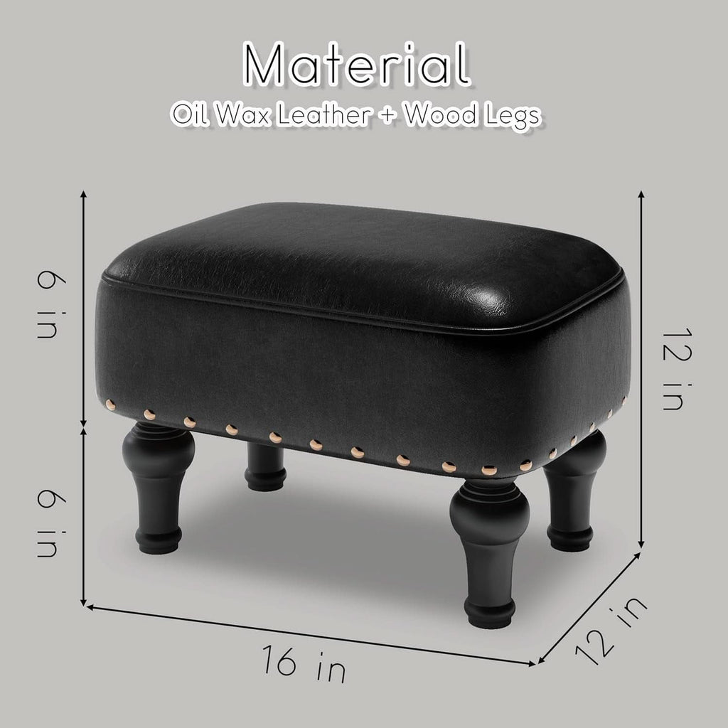 Black Leather Ottoman Footstool With Thick Padded Foam