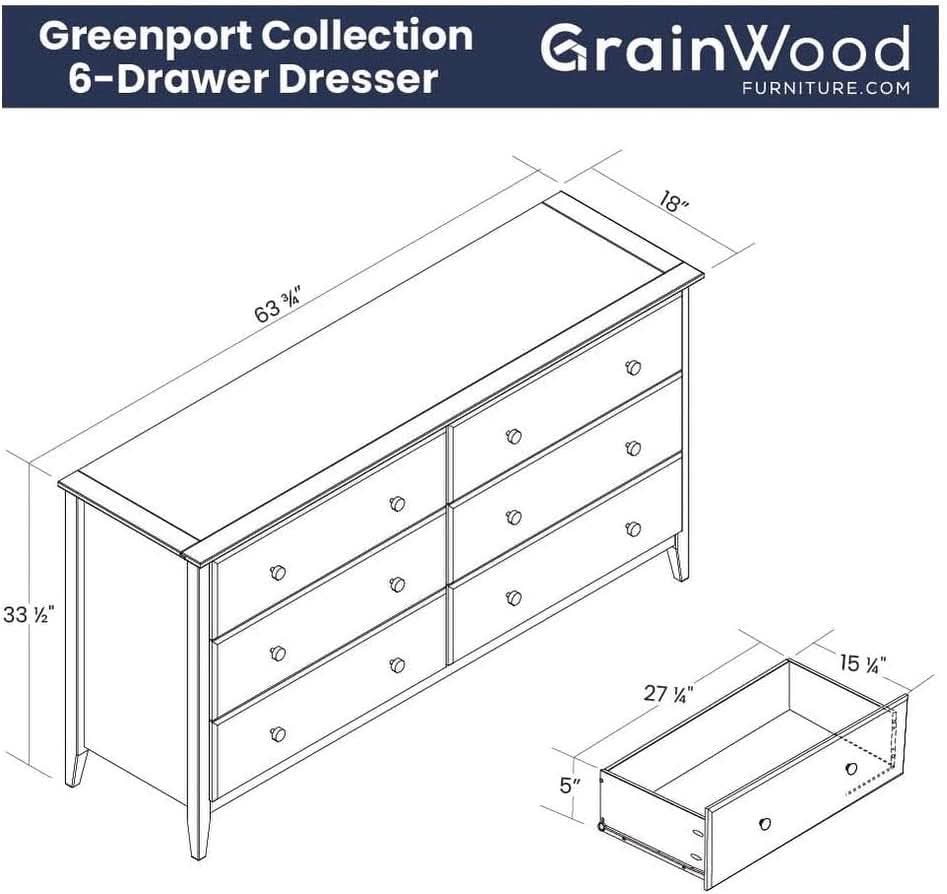 Solid Wood 6-Drawer Dresser With Brushed Grey Finish