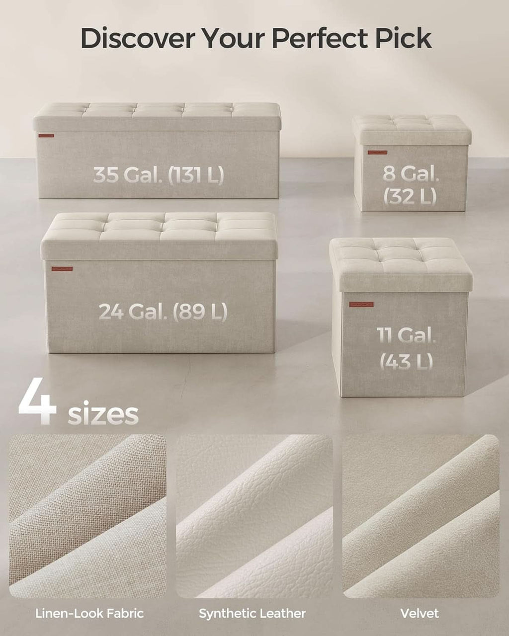 Cream White Foldable Storage Ottoman Bench 15x30x15