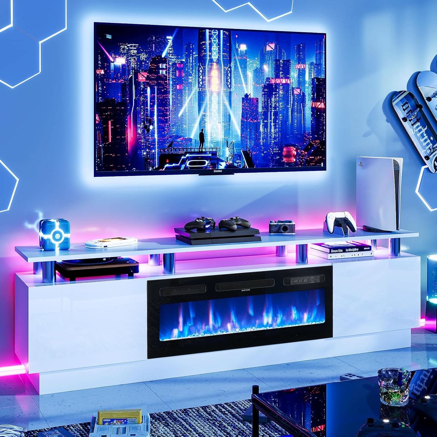 80 Inch White Electric Fireplace TV Stand With LED Lights