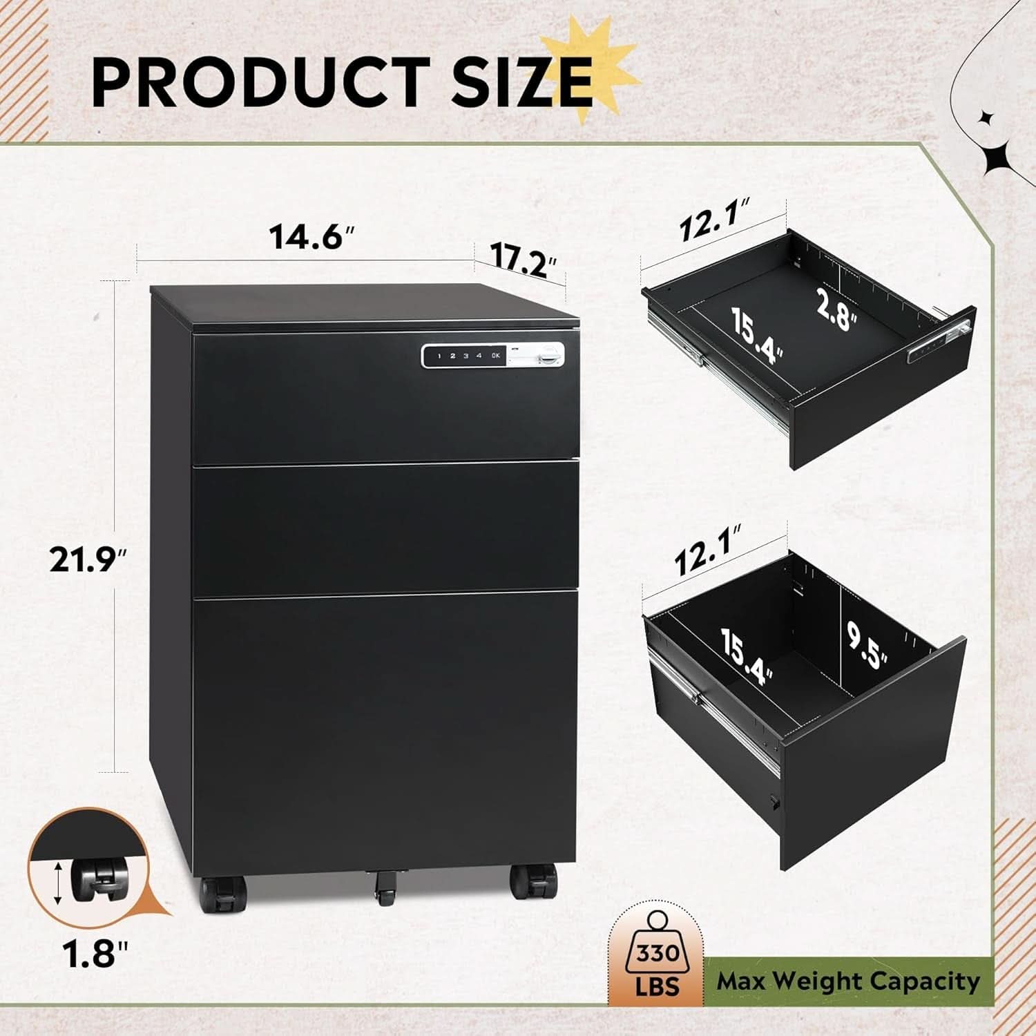 Locking 3 Drawer Steel File Cabinet With Digital Lock