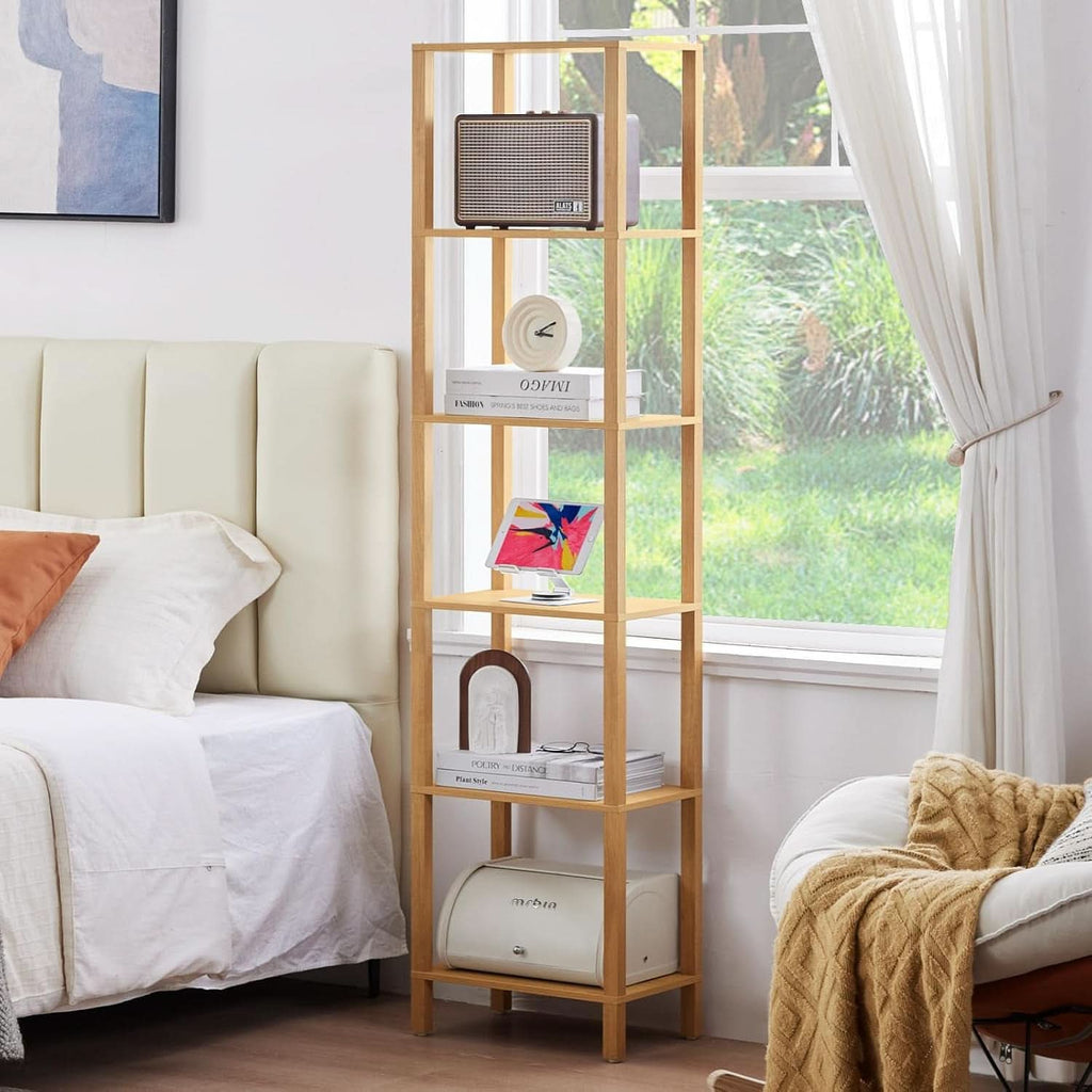 66In Tall 6 Tier Narrow Wood Bookcase Slim Shelf Living Room