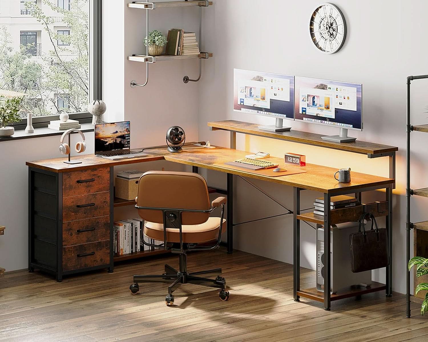 61 Inch L Shaped Desk With Power Outlets And LED Lights