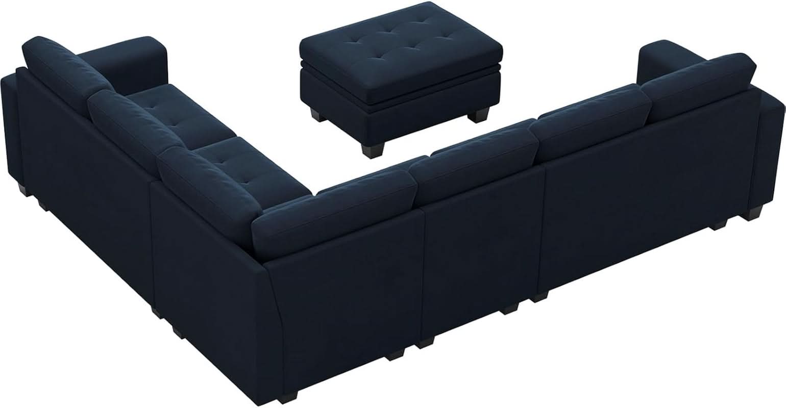 Velvet L Shaped Sofa Reversible Chaise Storage Ottoman Blue