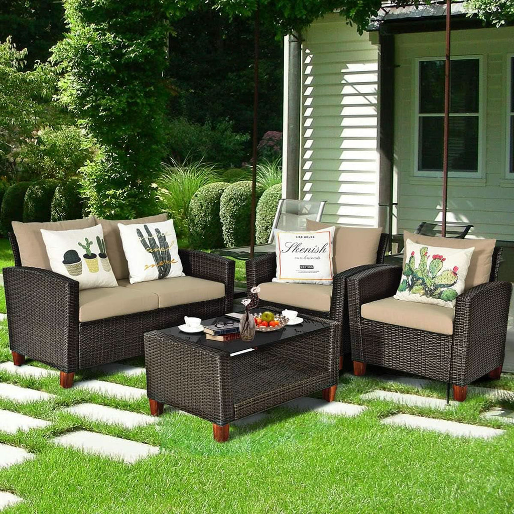 Patio Rattan Furniture Set 4 Piece Beige For Outdoor Use