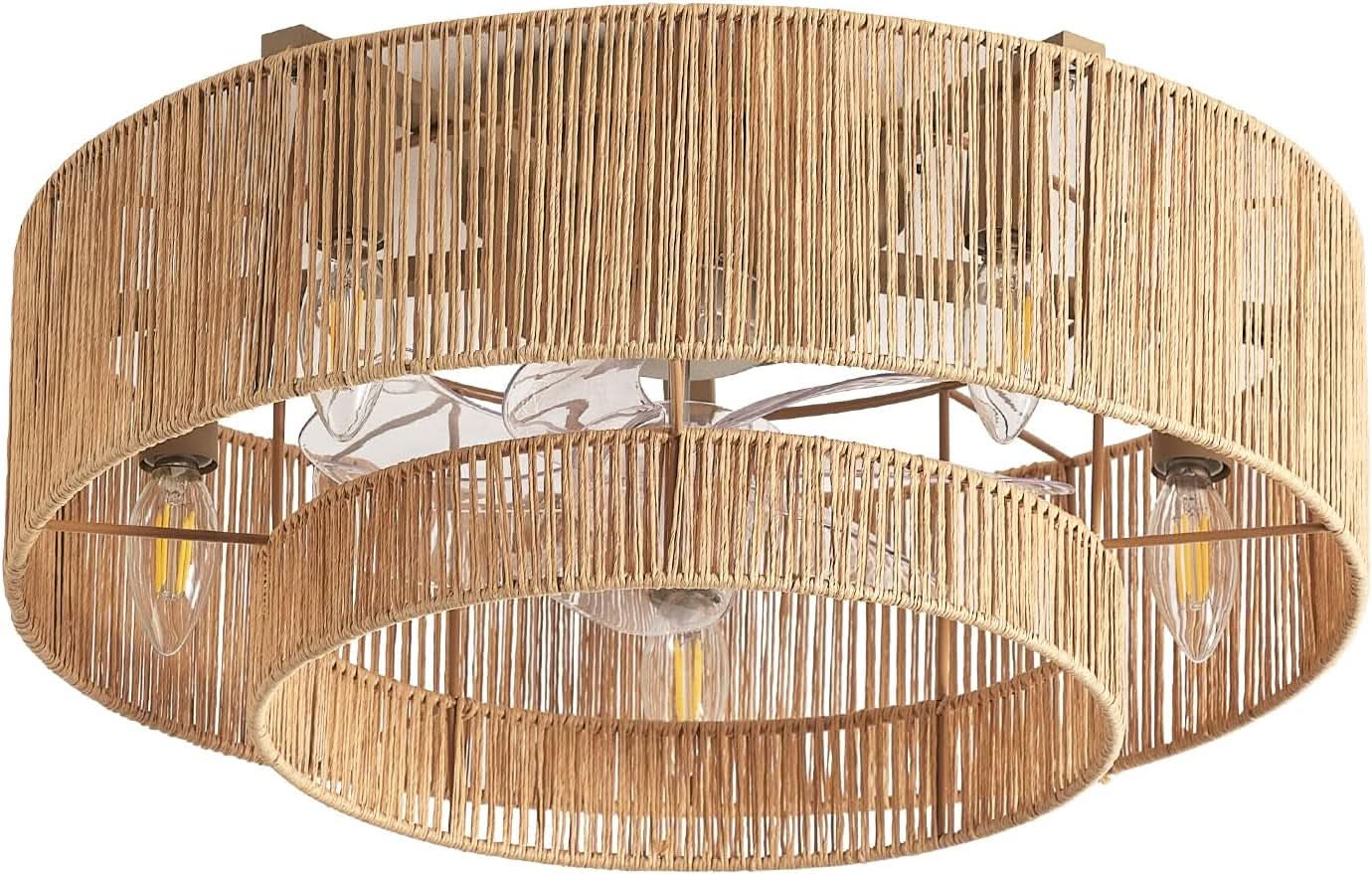 20 Inch Boho Rattan Ceiling Fan With Light And Remote