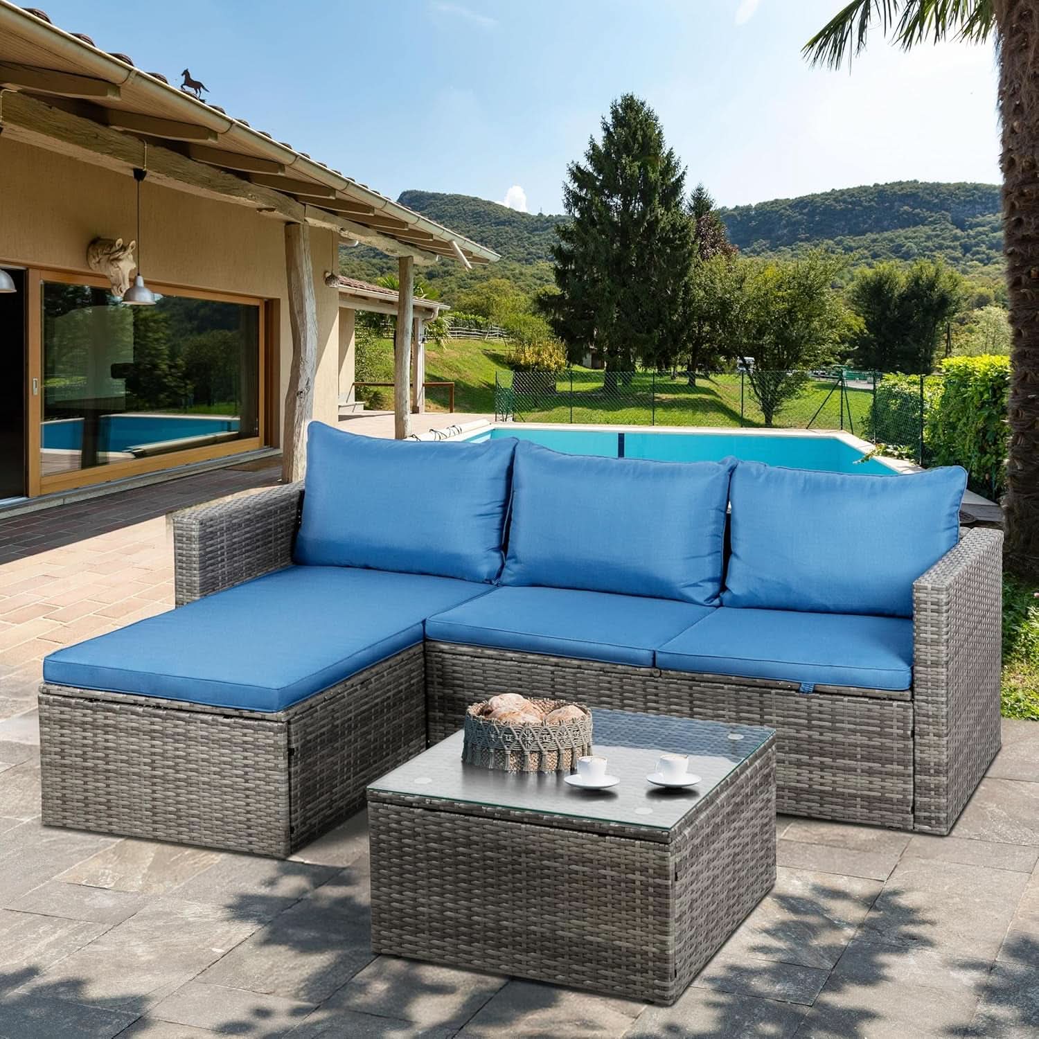 3-Piece Outdoor Wicker Sofa Set with Glass Table