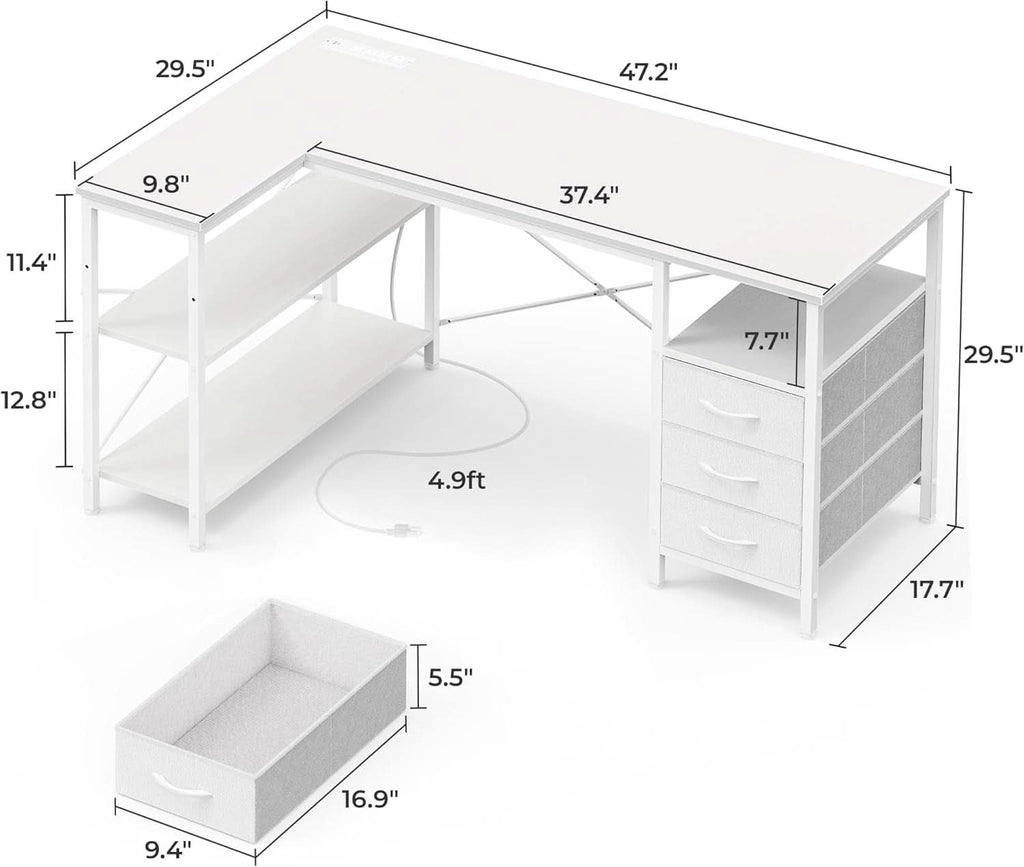47 Inch L Shaped Desk With Power Outlets For Home Office