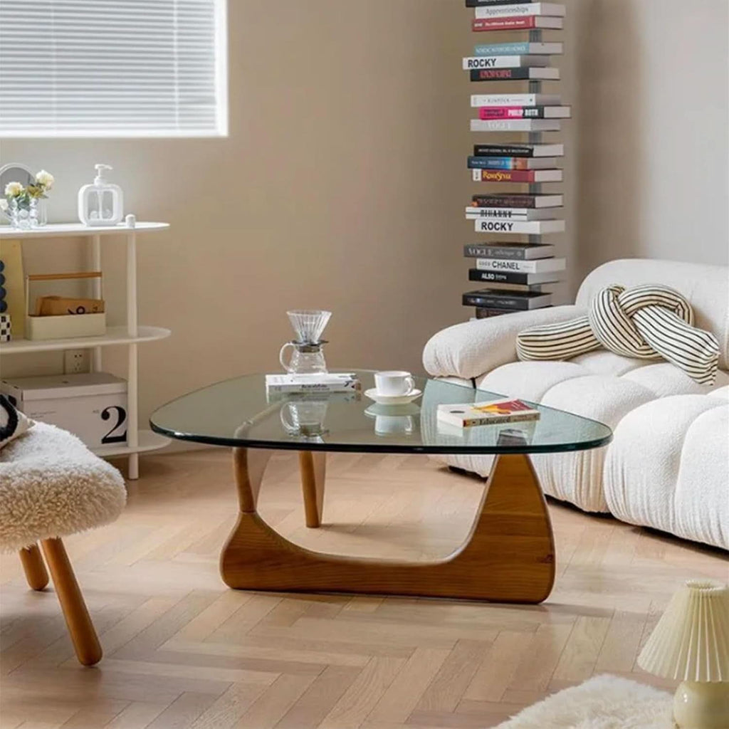 Walnut Clear Glass Oval Coffee Table Diameter 32.68 Inch