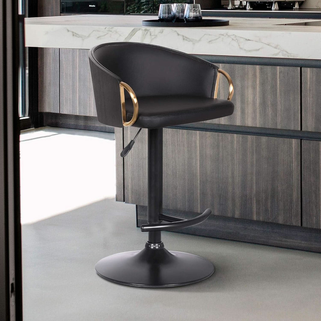 Adjustable Black Faux Leather Swivel Barstool with Gold Accents