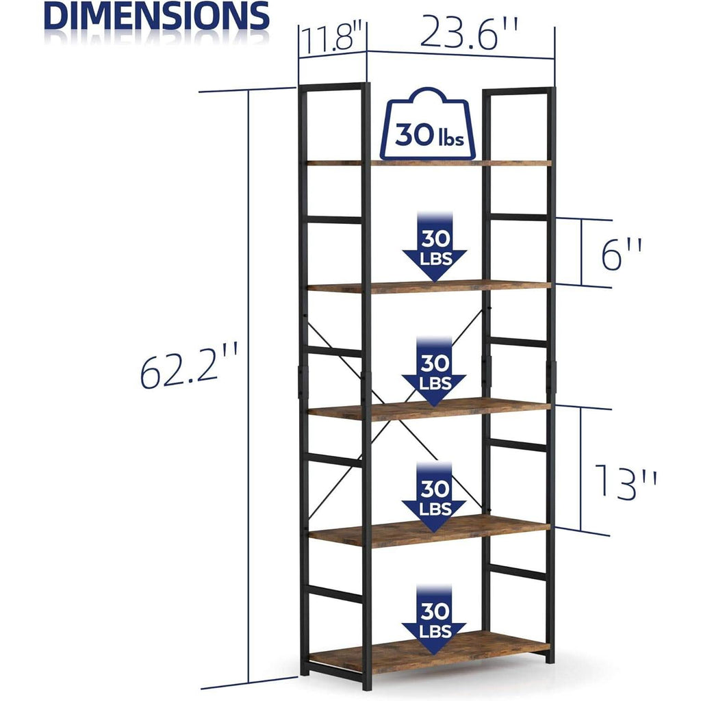 Tall 5 Shelf Vintage Bookcase With Metal Frame Storage
