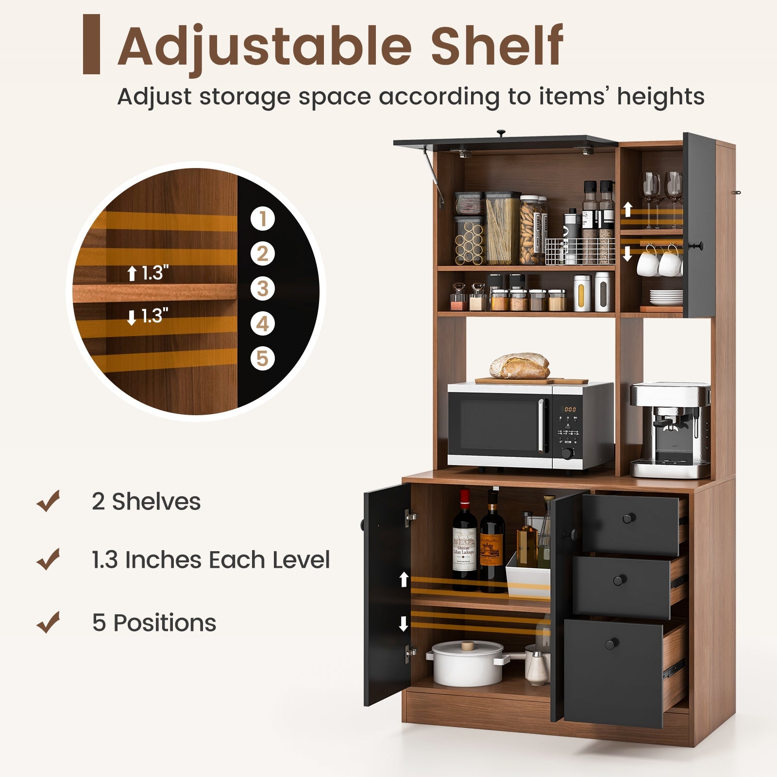 71 Inch Kitchen Pantry with 3 Storage Cabinet and 3 Deep Drawers