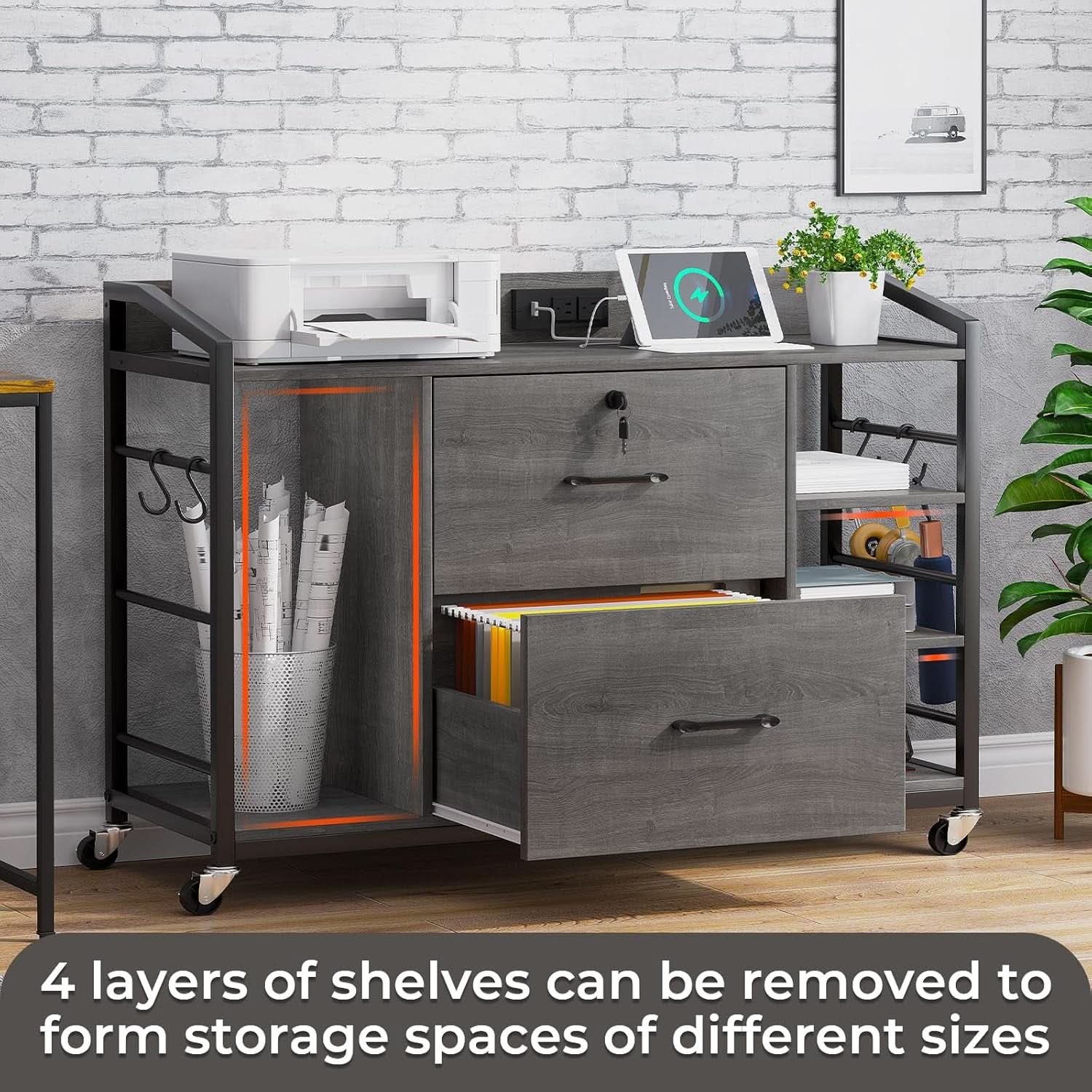 44 Inch 2 Drawer File Cabinet Grey With Lock For Office