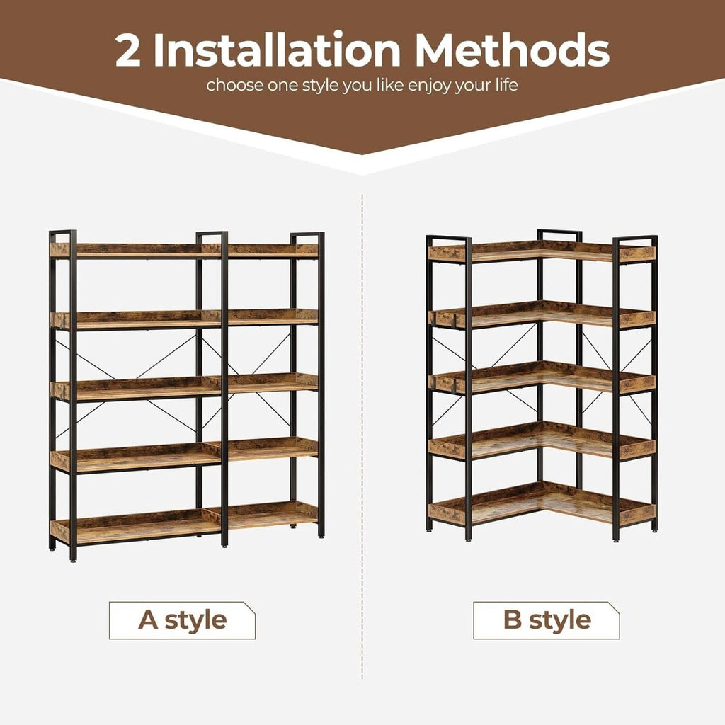65 Inch Five Tier Corner Bookshelf With Open Shelves