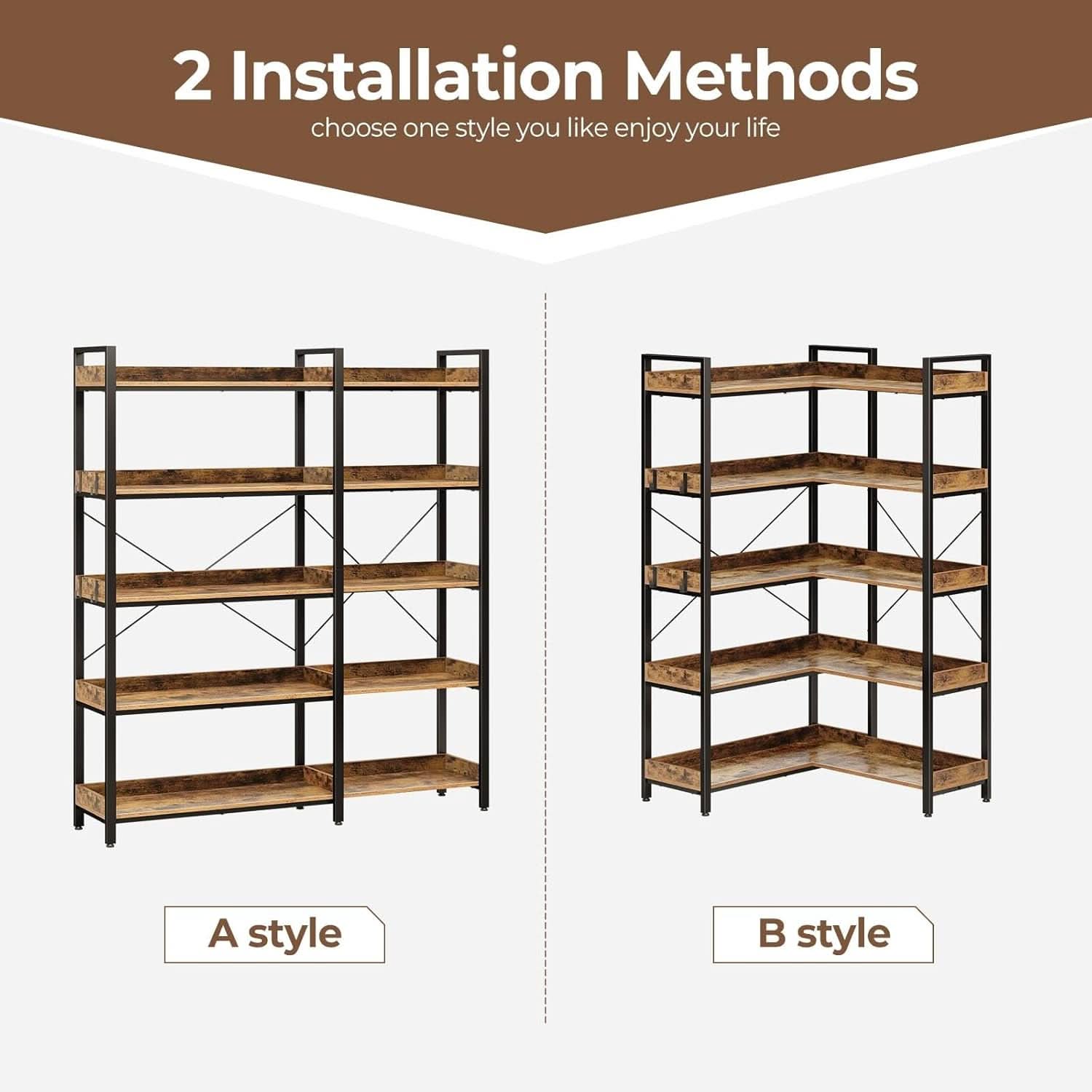 65 Inch Five Tier Corner Bookshelf With Open Shelves