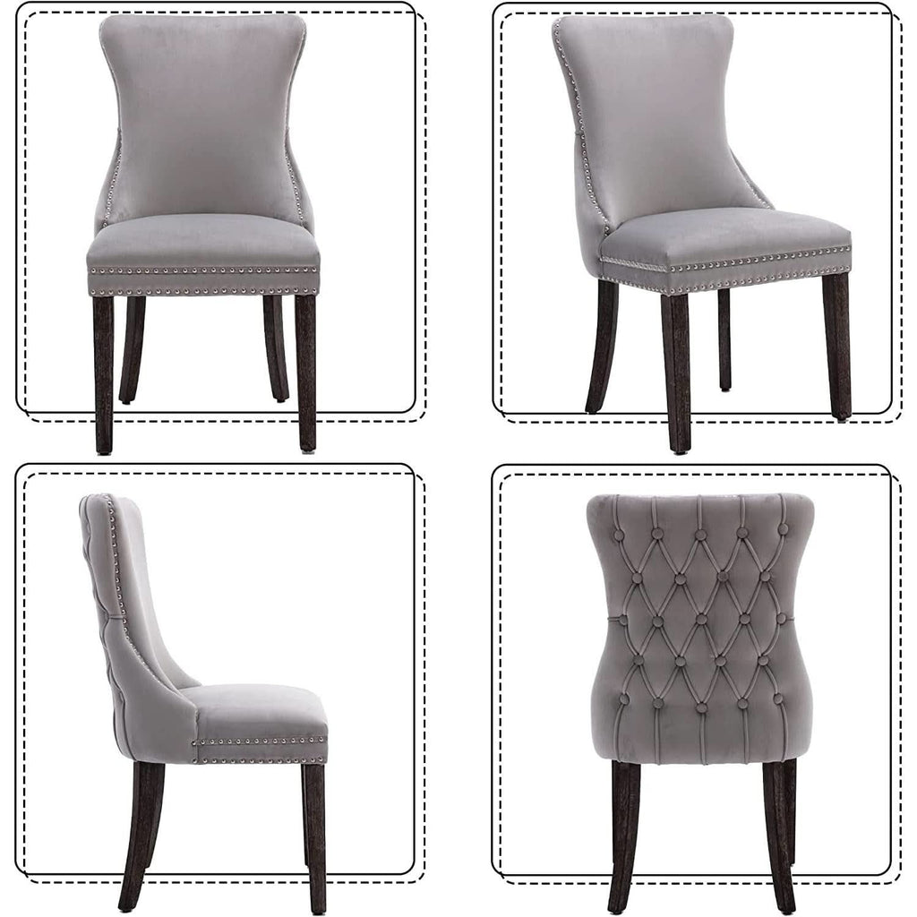 Set Of 2 Light Gray Velvet Tufted Wingback Dining Chairs Nailhead