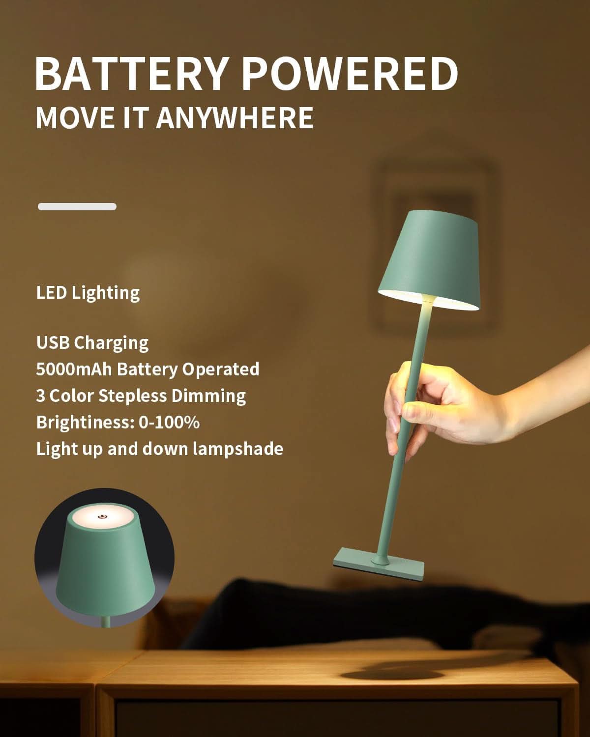 Two Pack Cordless LED Table Lamp 5000mAh Battery Portable Dimmable Green Desk Lamp With 3 Color Temperatures