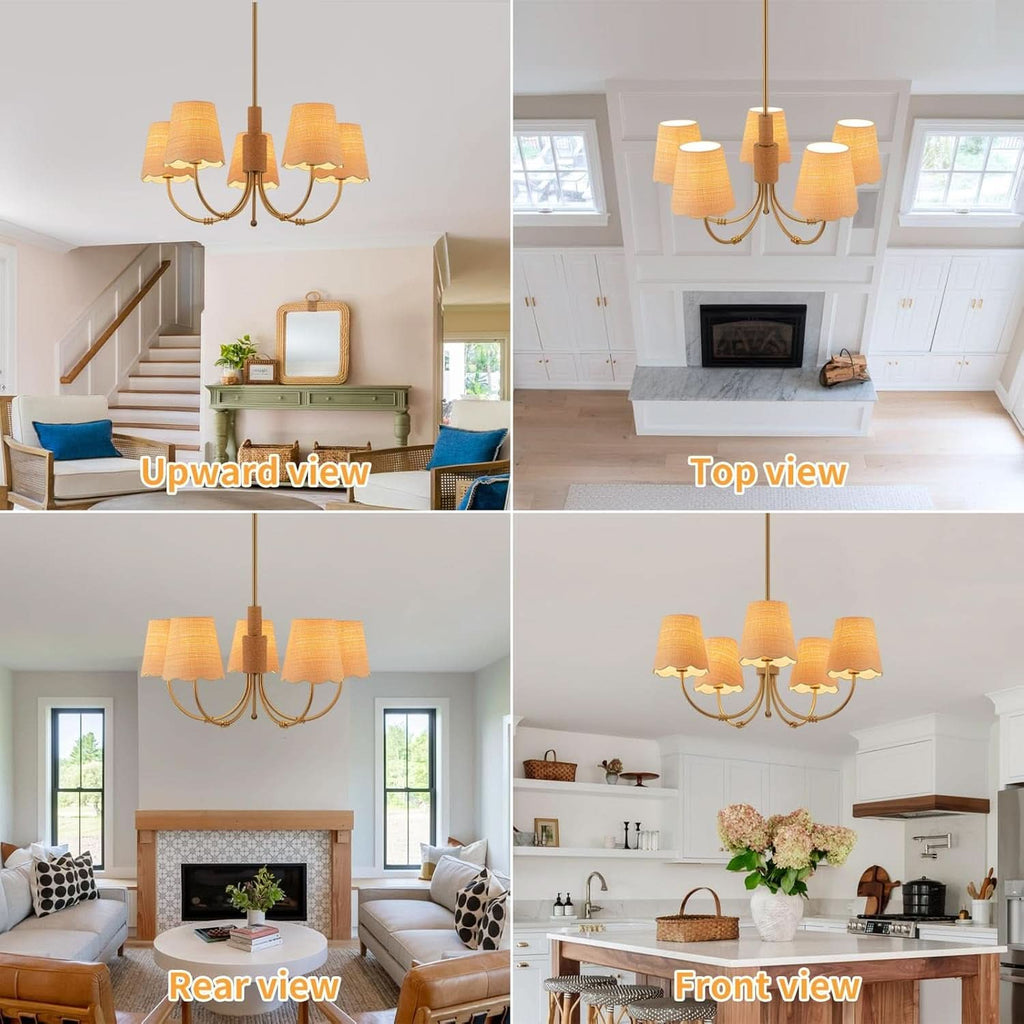 Antique Brass Boho Rattan Chandelier Pendant Dimmable