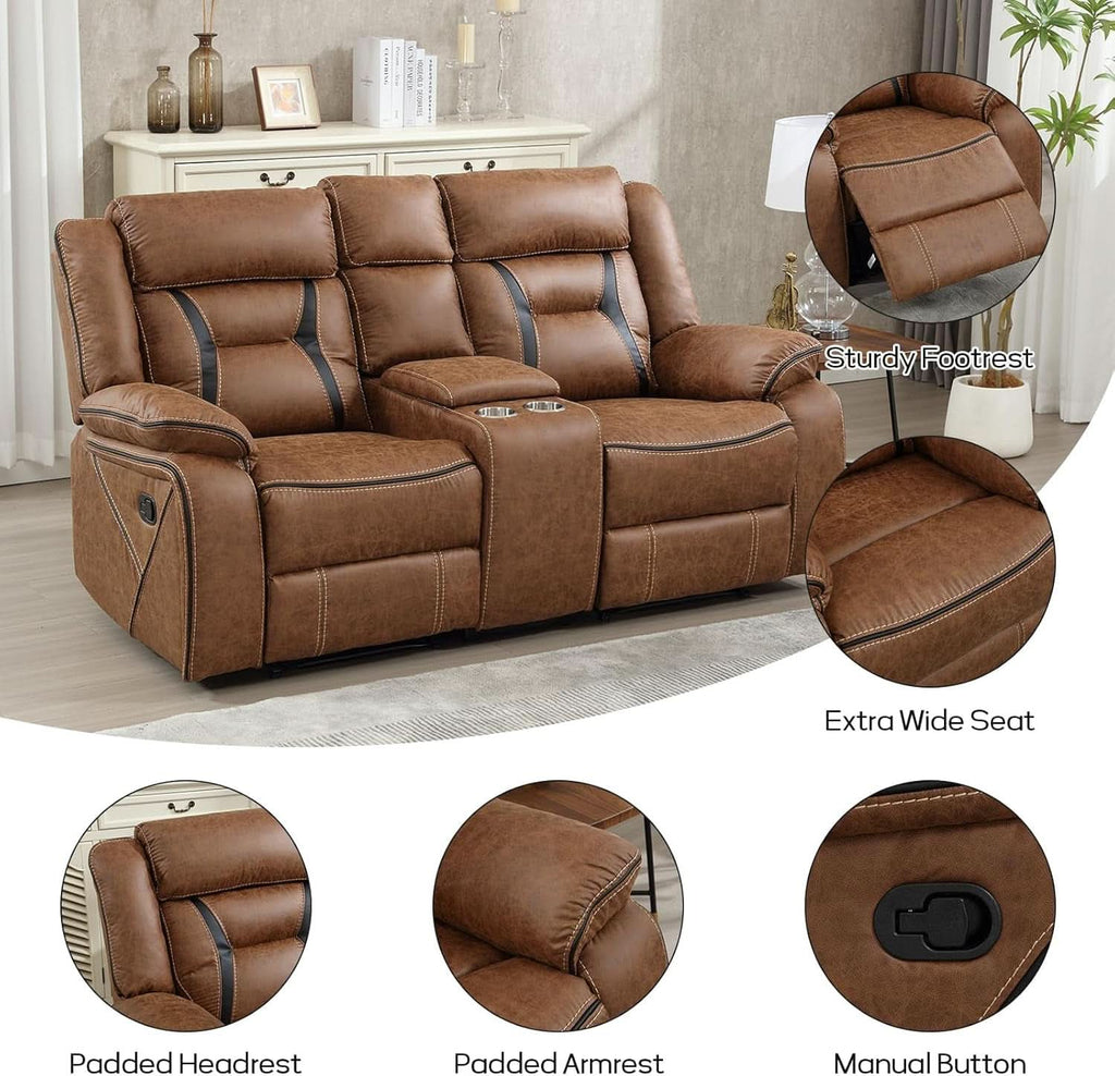 Brown Faux Leather Loveseat Dual Recliners Center Console