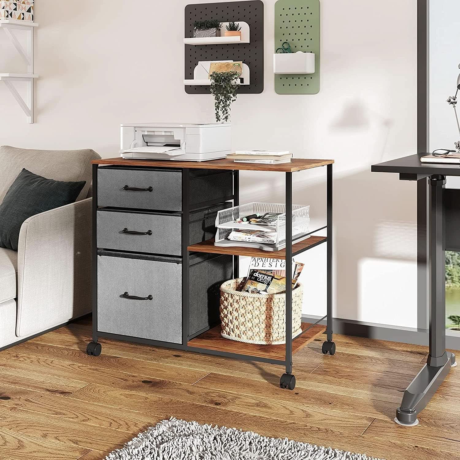 3 Drawer Mobile File Cabinet Rolling Printer Stand With Open Storage Shelf Rustic Brown Fits A4 Or Letter Size