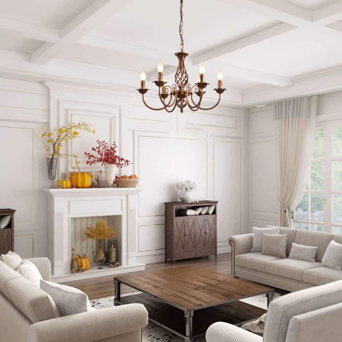 Bronze Rustic Farmhouse Chandelier Six Light Pendant