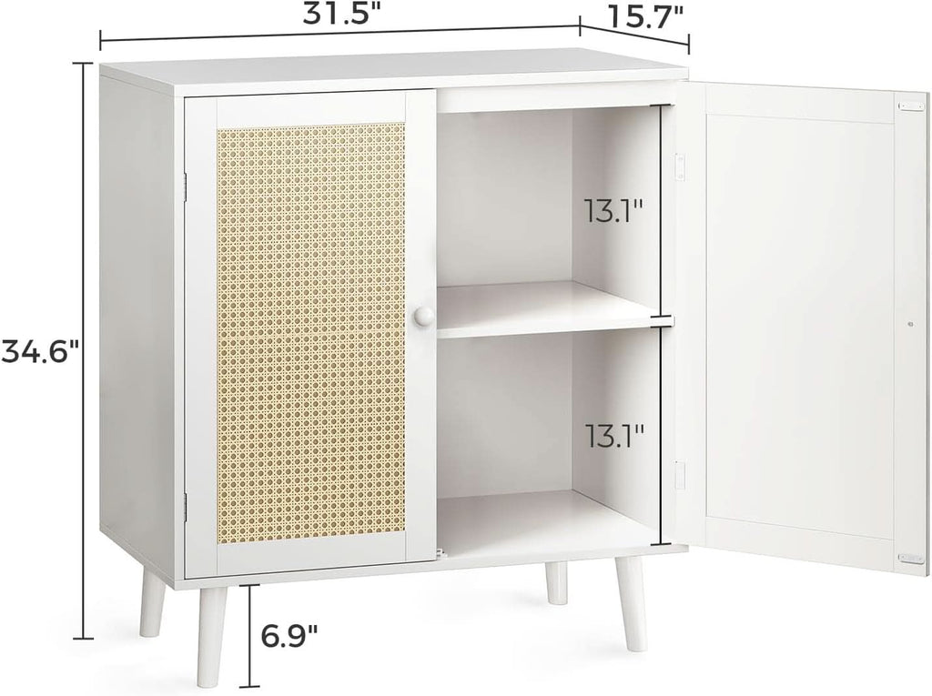 White Buffet Cabinet With Rattan Decor Doors And Storage