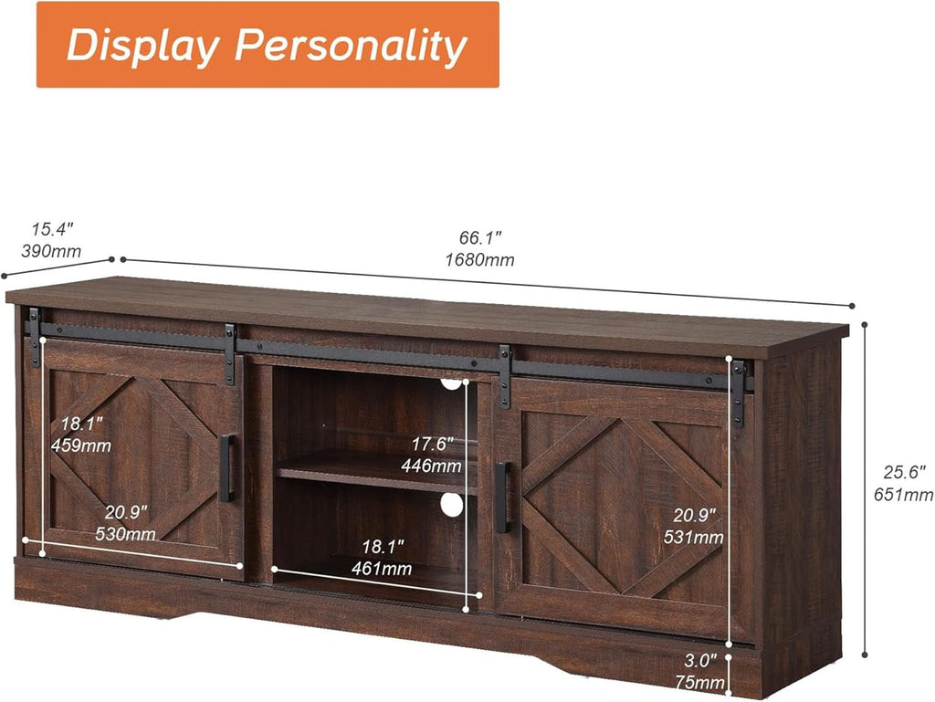 75 Inch Rustic Brown Barn Door TV Stand With Storage