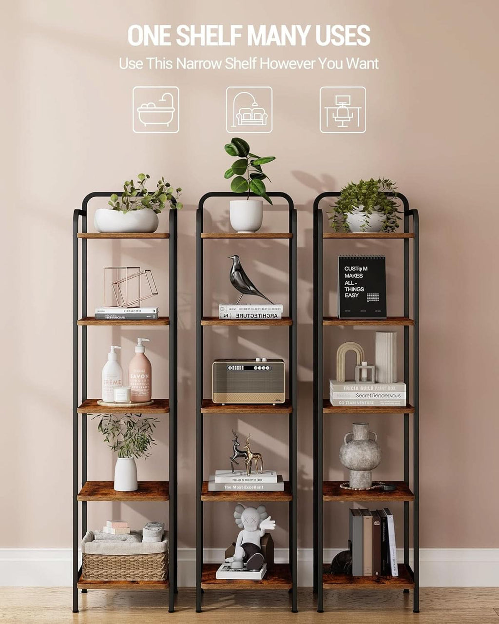 5-Tier Industrial Corner Shelf Narrow Rustic Black Bookcase
