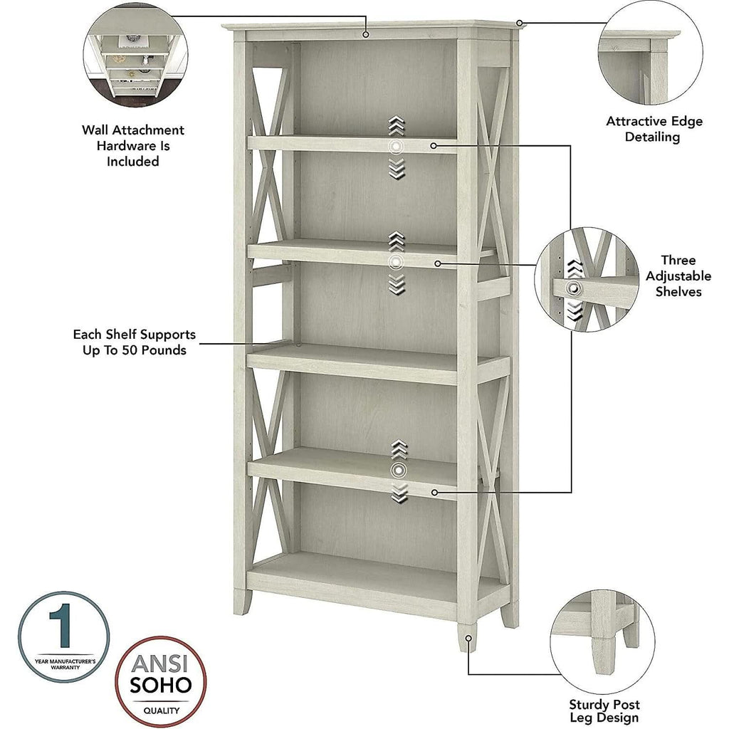 Linen White Oak 5 Shelf Bookcase Set 2 Tall 66H 32W 13D