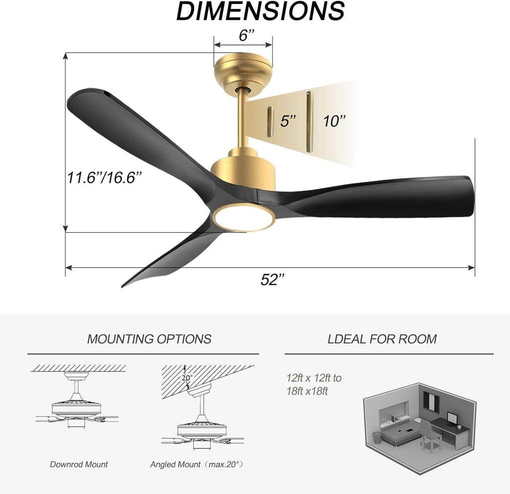 52 Inch Black Gold DC Motor Ceiling Fan With Lights And Remote