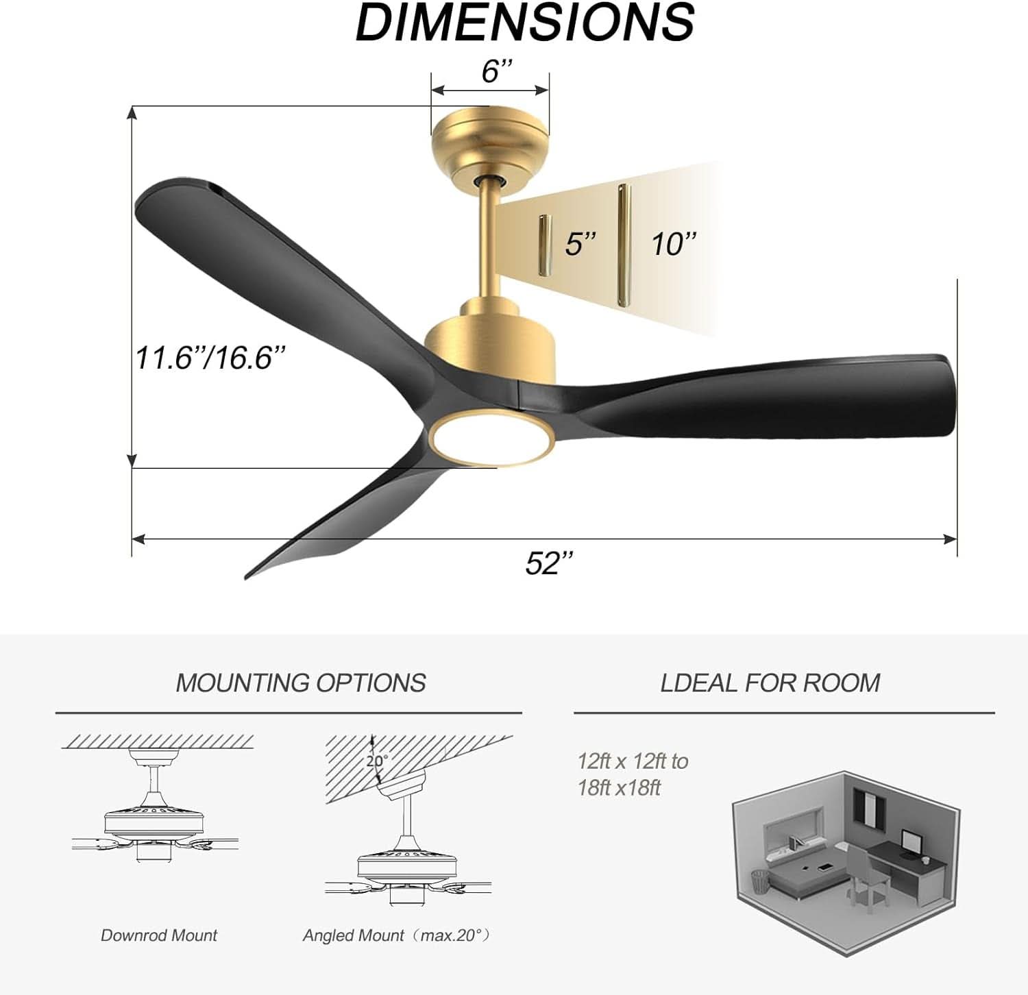 52 Inch Black Gold DC Motor Ceiling Fan With Lights And Remote