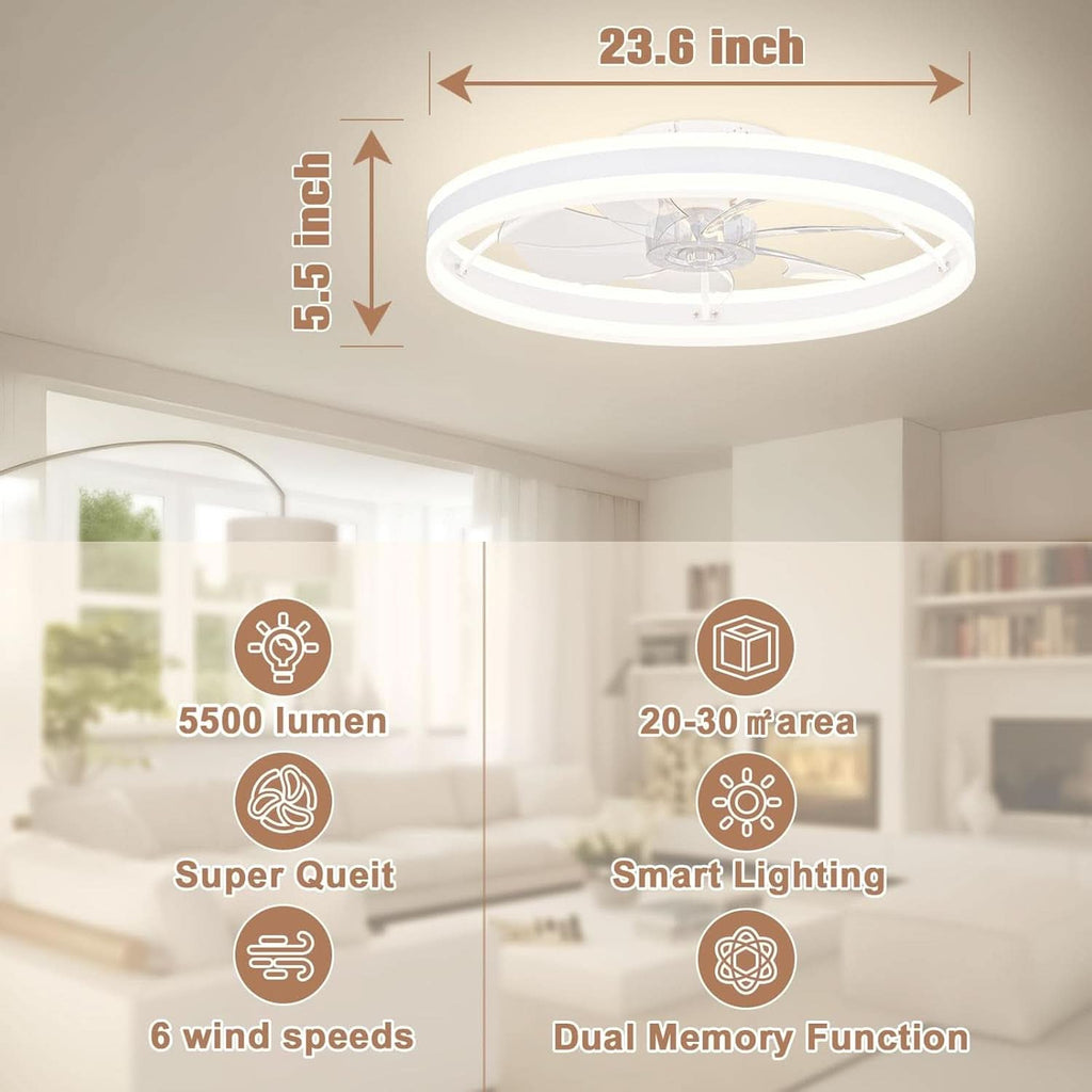 Low Profile 23.6 Inch Flush Mount Ceiling Fan Dimmable LED