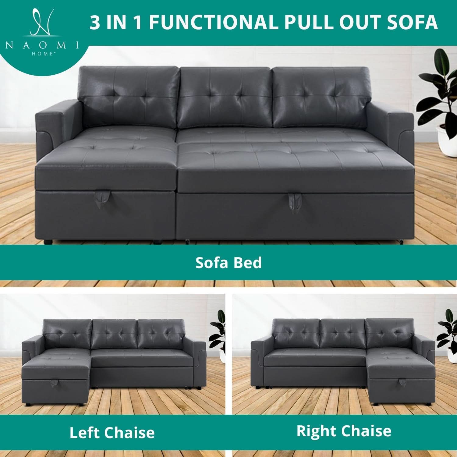 L Shaped Sectional Sofa Sleeper Storage Chaise Dark Gray
