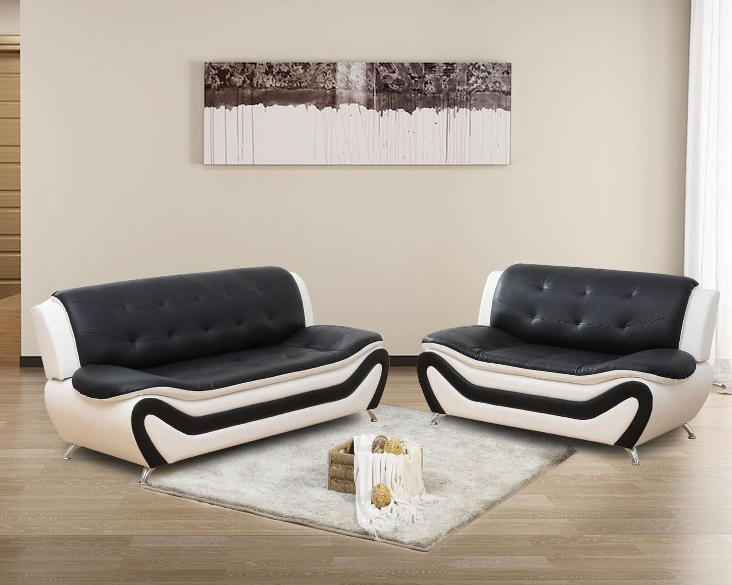 Faux Leather Sofa And Loveseat Set 2 Piece White And Black